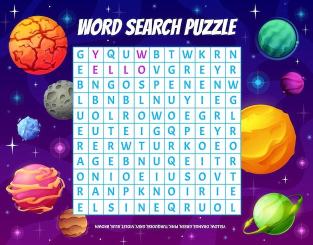 mainly I'm proud Sometimes sometimes Premium Vector | Word puzzle game grid with cartoon color space planets  children word search crossword educational riddle child playing activity  vector game kids logical worksheet with find word in letters row