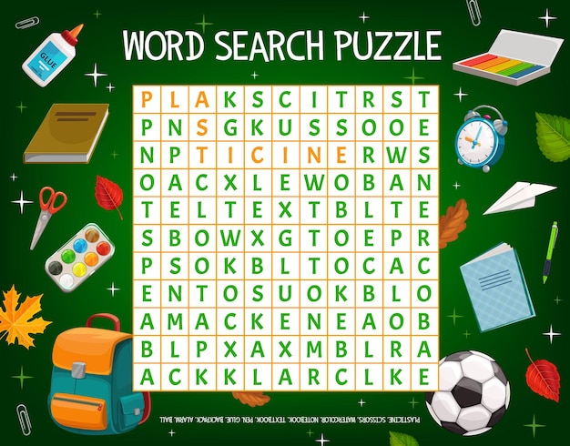 Word puzzle game grid with school education items