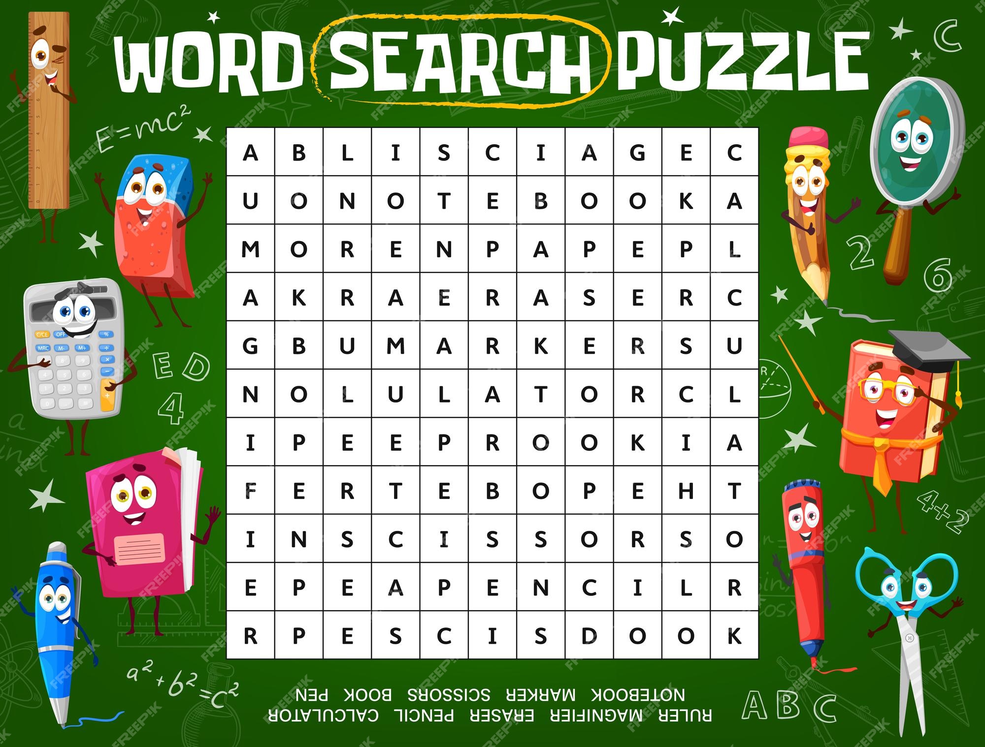 Premium Vector  Word puzzle game worksheet with school characters