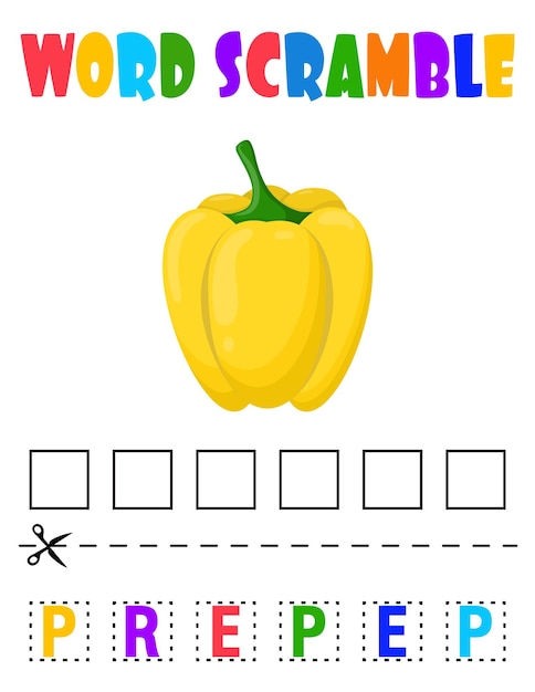 Vettore word scramble bell pepper foglio educativo per bambini