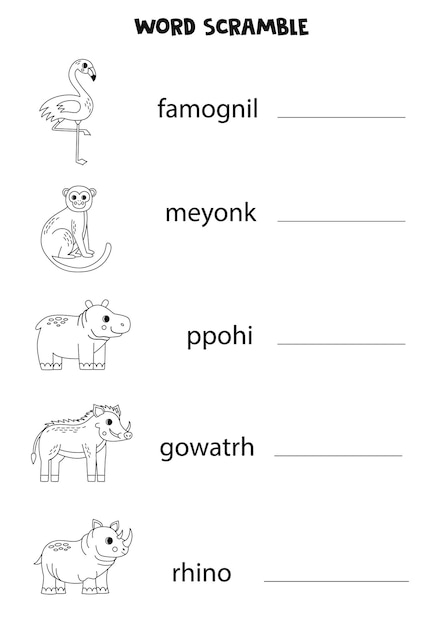 Word scramble for kids Sort letters into correct order wild African animals
