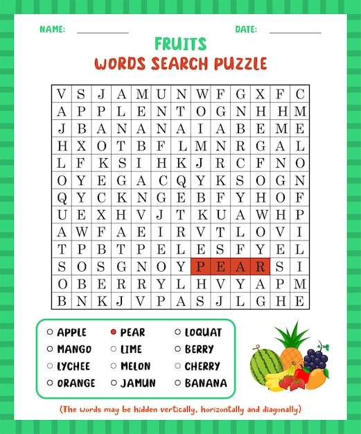 Gioco di ricerca di parole frutti foglio di lavoro puzzle di ricerca di parole per imparare l'inglese.