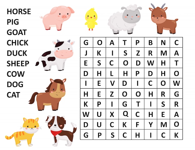 Premium Vector | Word search game. kawaii cartoon farm animals. learn  english words.