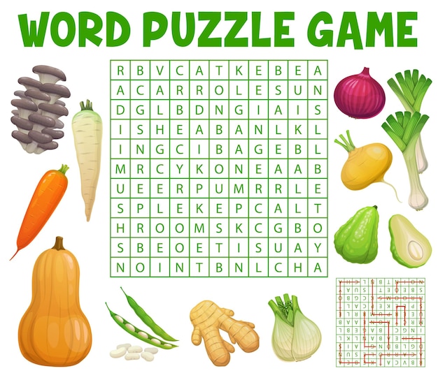 Word search game with mushrooms and vegetables