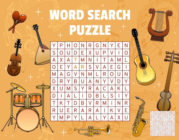 Word search game worksheet with music instruments