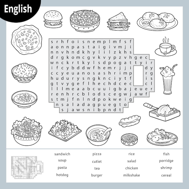 Puzzle di ricerca di parole set di cartoni animati di cibo gioco educativo per bambini