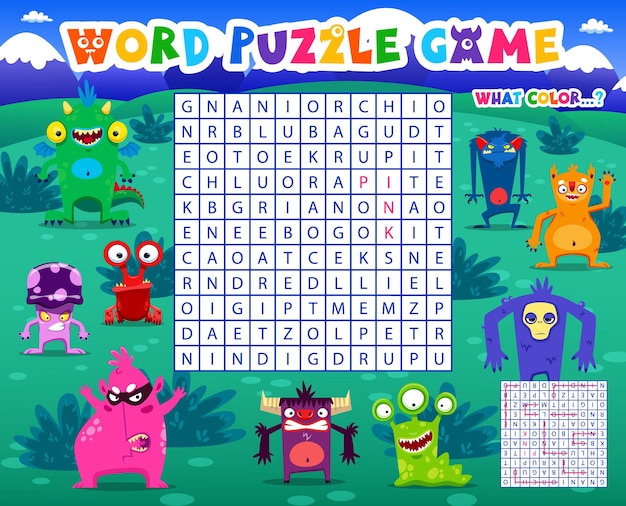 Word search puzzle game cartoon monster characters