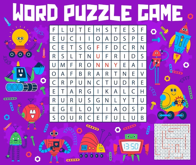 Word search puzzle game cartoon robots and droids