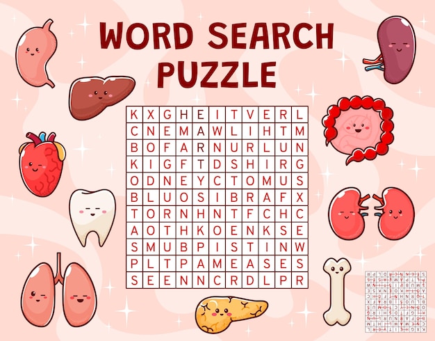 Vector word search puzzle game human body organ characters crossword wordsearch puzzle vocabulary riddle vector worksheet with stomach tooth pancreas heart and intestine liver cheerful personages