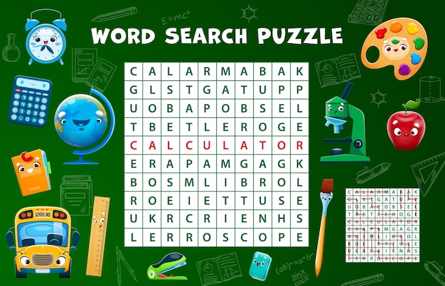 Vector word search puzzle game school stationery cartoon characters vector worksheet on blackboard background kids education word grid quiz with funny book eraser brush globe calculator bus personages