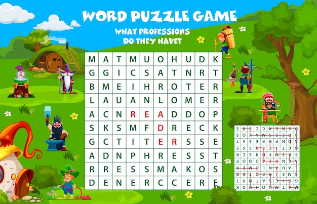 Vector word search puzzle game with dwarf characters