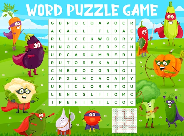 Gioco di puzzle di ricerca di parole con supereroi vegetali