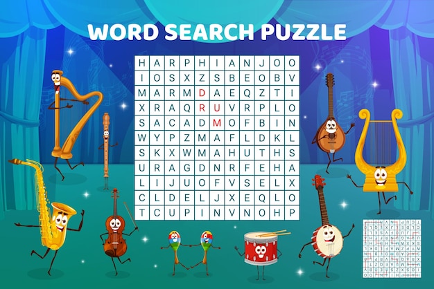 Word search puzzle game worksheet Cartoon musical instrument characters on the stage Crossword grid vector quiz or riddle with harp saxophone flute violin and maracas drum funny personages