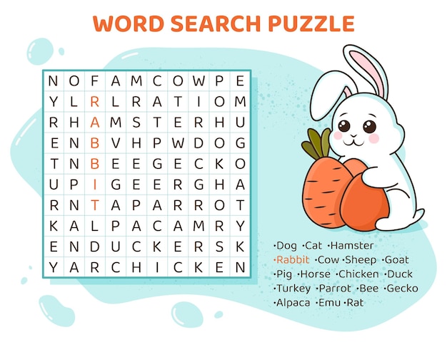 Word search puzzle with domestic animals and pets Education game for children Crossword