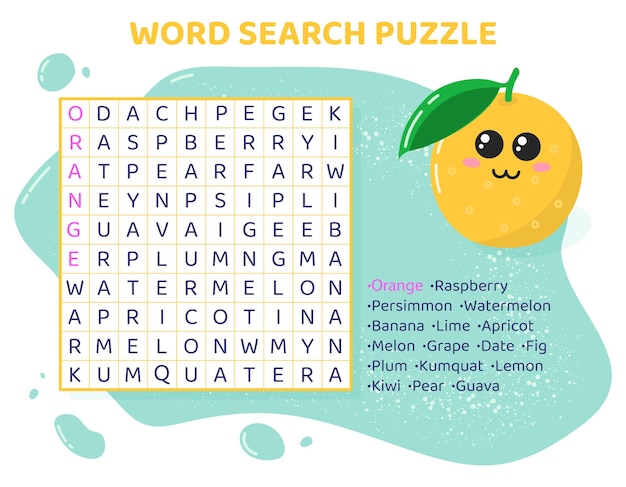 Word search puzzle with fruits and berries. education game for children. learning english language.