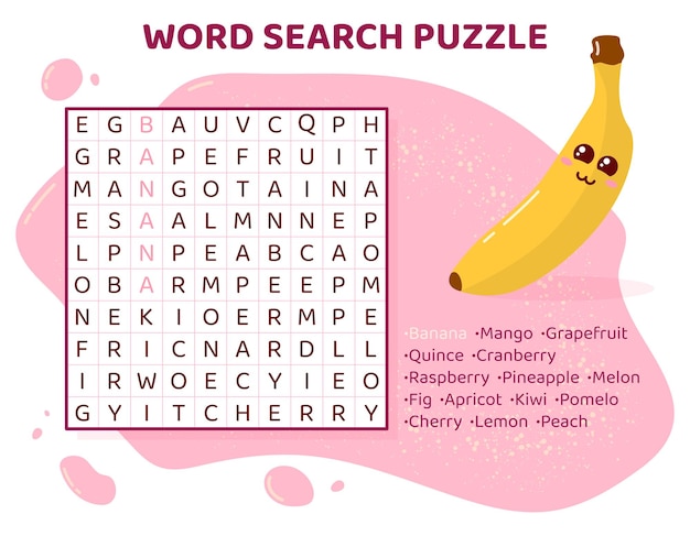 Word search puzzle with fruits and berries. Education game for children. Learning English language.