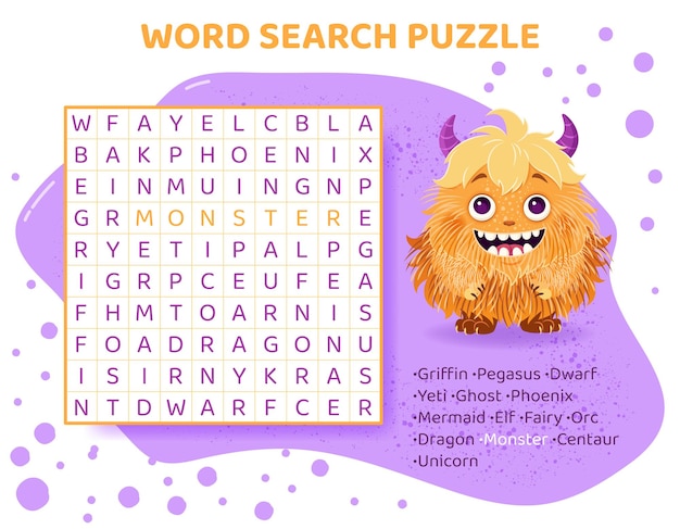 Word search puzzle with mythical animals magical creatures education game for children learning