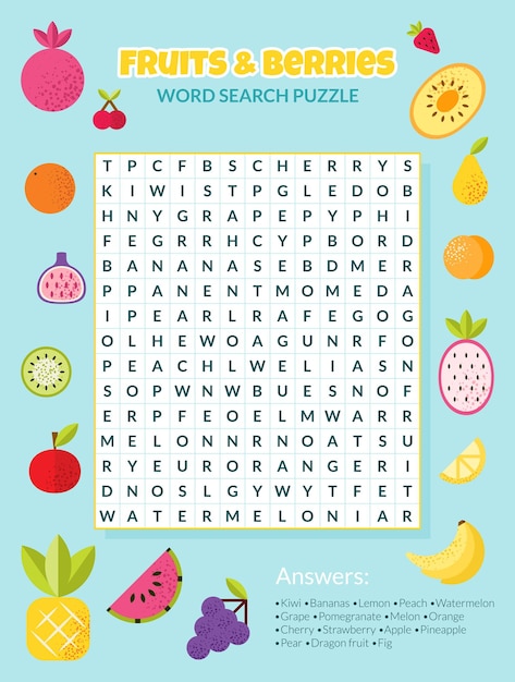 Word search puzzle with tropical fruits and berries Education game for children