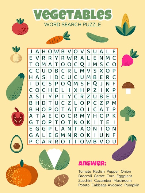 Word search puzzle with vegetables Education game for children Task for kids Colorful crossword