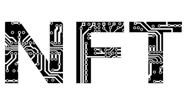 ワード シルエット nft 非代替トークンは、pcb 回路基板トラックで穿孔され、白い背景で隔離されました。