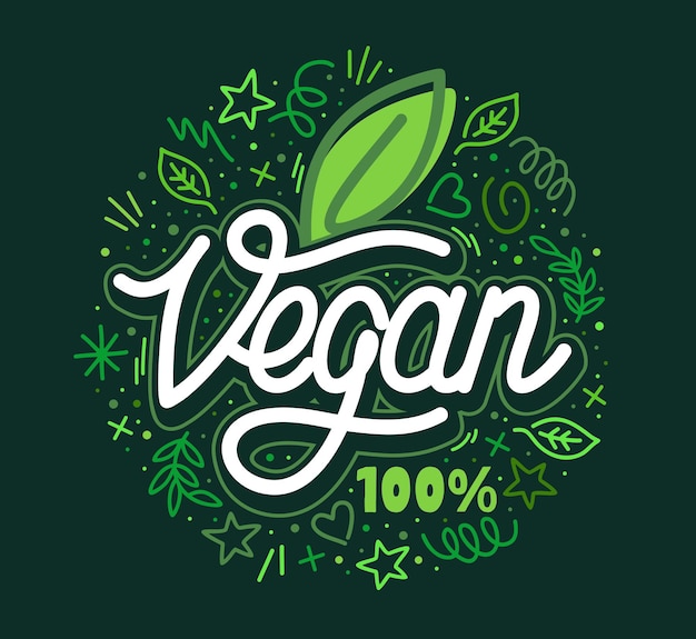 Вектор word vegan text с зеленым листом, написанным вручную векторной типографской иллюстрацией, и некоторыми элементами каракулей в виде значка логотипа и значка, открытка, приглашение, флаер, баннер, шаблон