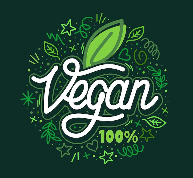 Word Vegan Text With Green Leaf Hand Written Vector Typography Illustration And Some Doodle Elements