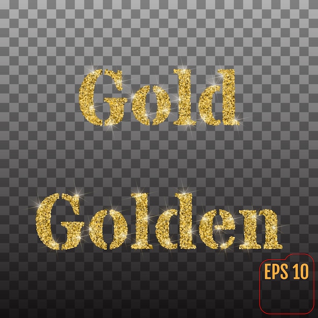 Vector the words gold and golden from golden sand and confetti with glitter on a transparent background