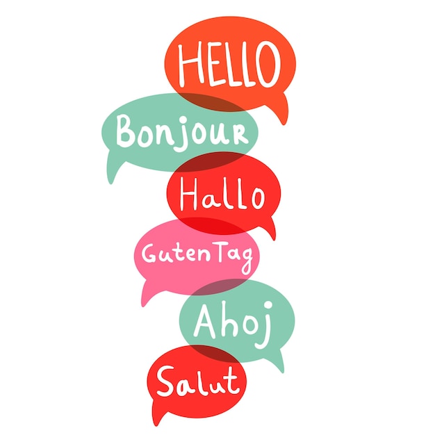 Words hello with speech bubbles on different languages. Hand drawn text isolated on white background