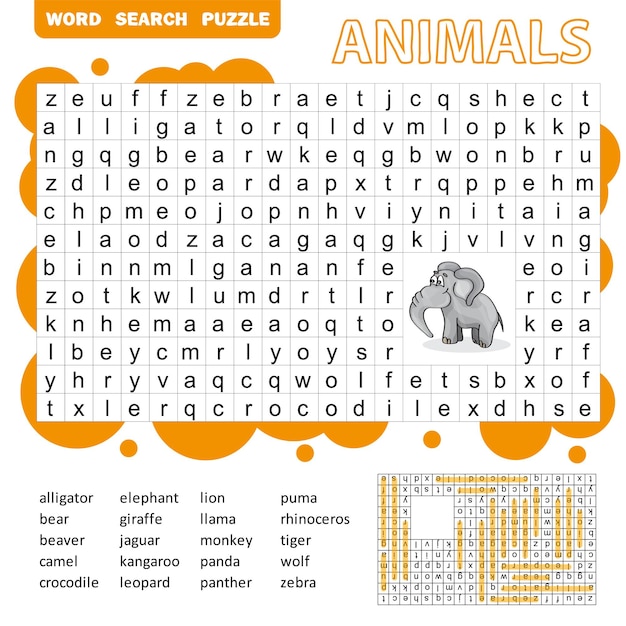 Vector words search puzzle game of animals for preschool kids activity worksheet colorful printable version. vector illustration.