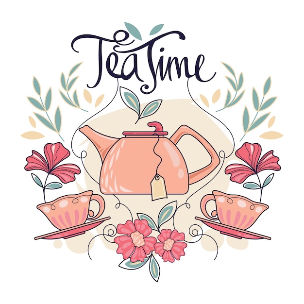 Вектор Слова чая время с милый набор чая и цветок
