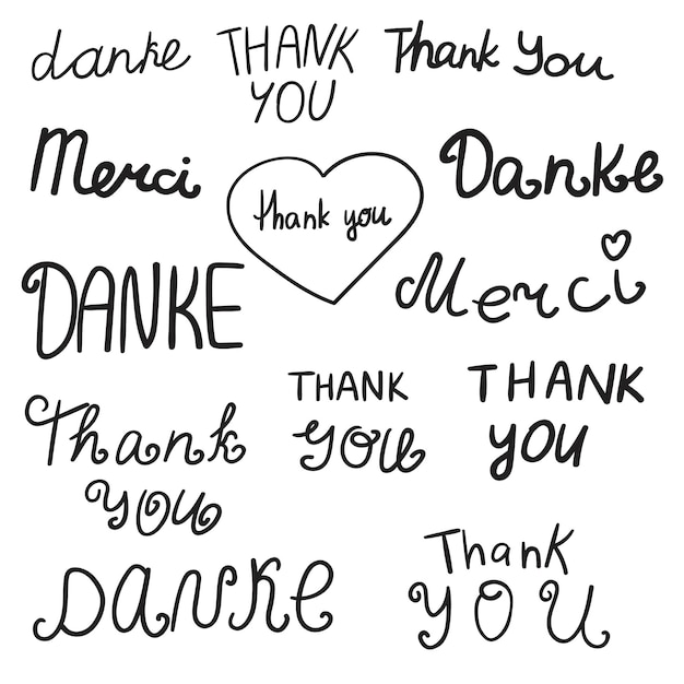 Words - Thank you, Danke, Merci. Hand drawn vector lettering for greeting cards, t shirts, stickers,