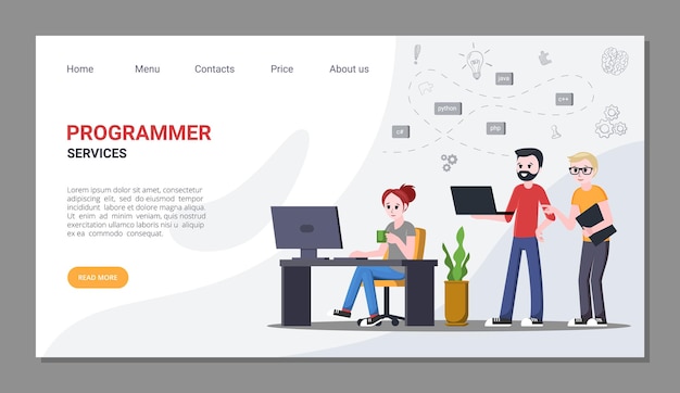 Домашняя страница работ и услуг для программистов. профессиональное программирование и написание новых цифровых приложений обучают специалистов по кодированию творческими разработками. вектор онлайн-баннер.
