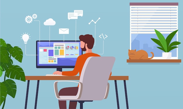 ベクトル 自宅で仕事をします。リモートでコンピューター、インターネットのキャリアに取り組んでいるフリーランサーの男。ホームオフィスのコンセプト。