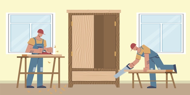 Work carpenter. two workers sawing boards, making wooden cabinet, home renovation and carpentry, work at house repairing, repairman flat vector cartoon male characters