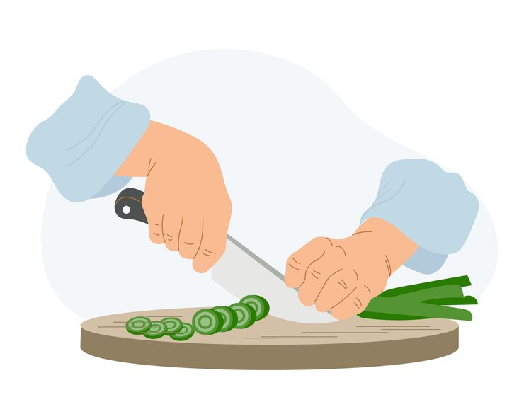 Vector the work of a cook in the kitchen illustration of hands cutting green onions with a knife