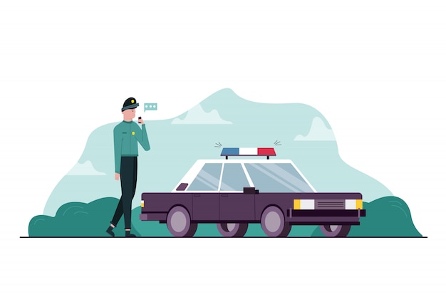 Vector work, danger, security, communication concept. young serious professional man guy police standing near car transport vehicle talking with collegue on transmitter or walkie talkie. dangerous occupation