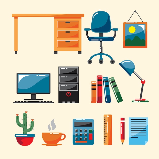 Vector work desk flat illustration vector set