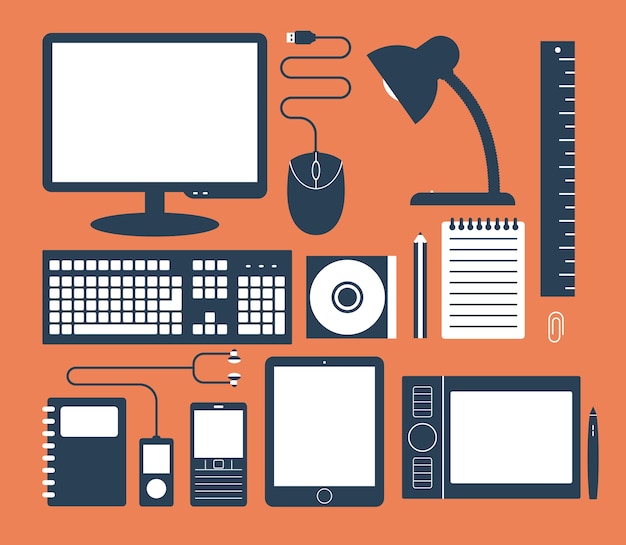 Vector work desk stuff flat illustration