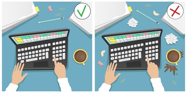 Vettore scrivania con laptop, una pila di carte e una tazza di caffè. confronto tra un desktop sporco e uno pulito. illustrazione del fumetto.