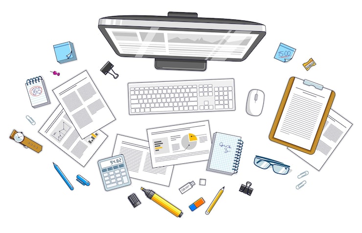 Vector work desk workspace top view with pc computer and analytics papers with graphs and data and stationery objects on table. all elements are easy to use separately or recompose illustration. vector.