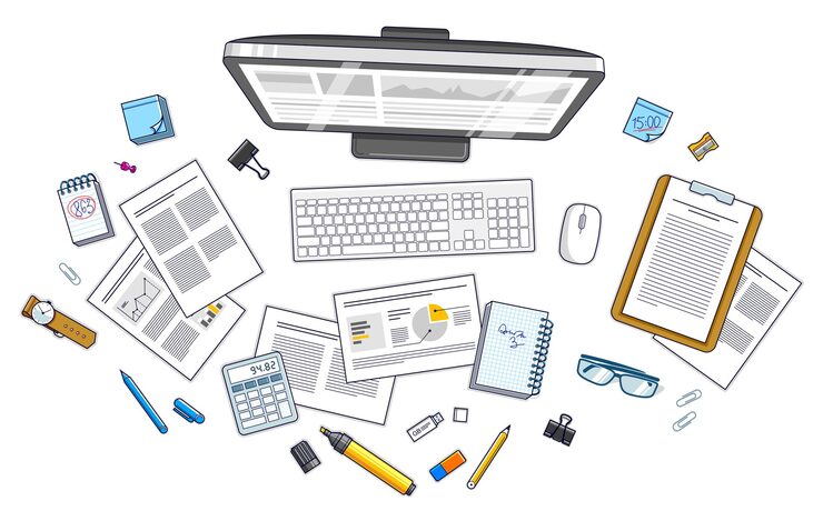 Vector work desk workspace top view with pc computer and analytics papers with graphs and data and stationery objects on table. all elements are easy to use separately or recompose illustration. vector.