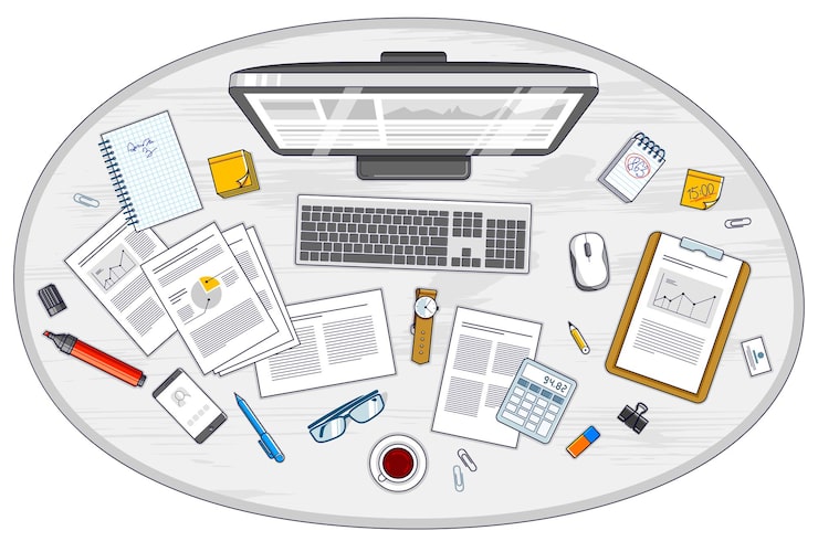 Vector work desk workspace top view with pc computer and analytics papers with graphs and data and stationery objects on table. all elements are easy to use separately or recompose illustration. vector.