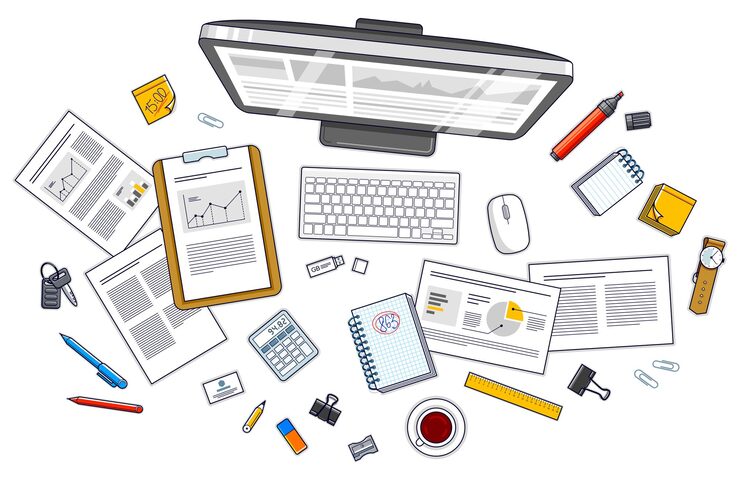 Vector work desk workspace top view with pc computer and analytics papers with graphs and data and stationery objects on table. all elements are easy to use separately or recompose illustration. vector.