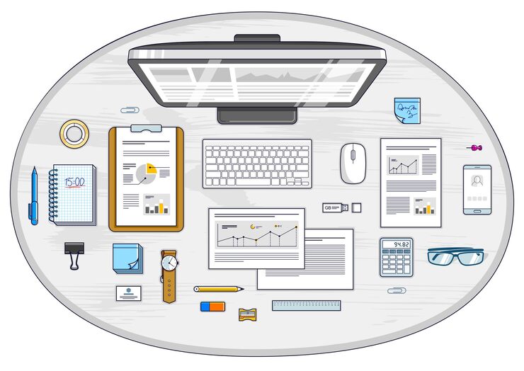 Vector work desk workspace top view with pc computer and analytics papers with graphs and data and stationery objects on table all elements are easy to use separately or recompose illustration vector