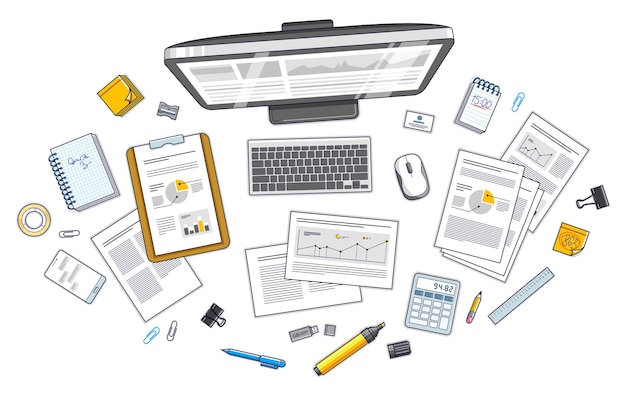 work desk workspace top view with pc computer and analytics papers with graphs and data and stationery objects on table all elements are easy to use separately or recompose illustration vector