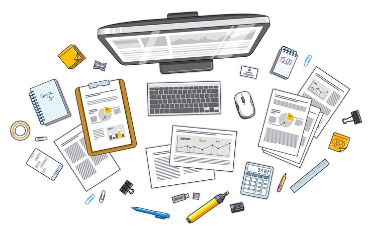 Vector work desk workspace top view with pc computer and analytics papers with graphs and data and stationery objects on table all elements are easy to use separately or recompose illustration vector