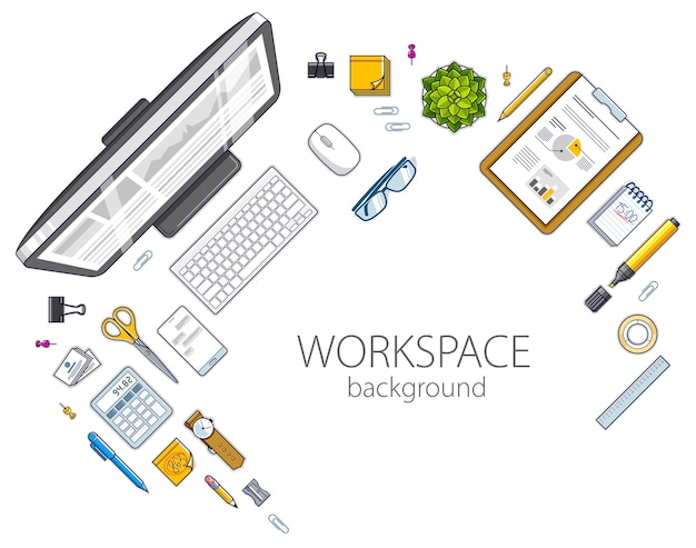 Vettore vista dall'alto dell'area di lavoro della scrivania con computer pc e molti oggetti di cancelleria diversi sul tavolo con spazio di copia per il testo. tutti gli elementi sono facili da usare separatamente o ricomporre l'illustrazione. vettore.