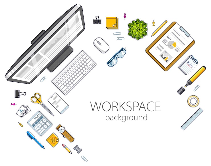 Вектор рабочий стол вид сверху рабочего места с компьютером и множеством различных канцелярских предметов на столе с копией пространства для текста. все элементы легко использовать по отдельности или перекомпоновывать иллюстрации. вектор.