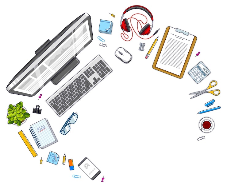 Vector work desk workspace top view with pc computer and a lot of different stationery objects on table with copy space for text. all elements are easy to use separately or recompose illustration. vector.