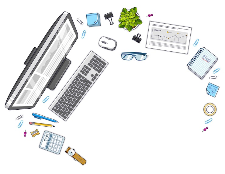 Vector pc 컴퓨터가 있는 업무용 책상 작업 공간 상단 보기 및 텍스트 복사 공간이 있는 테이블에 있는 다양한 문구류 개체. 모든 요소는 개별적으로 사용하거나 일러스트레이션을 재구성하기 쉽습니다. 벡터.
